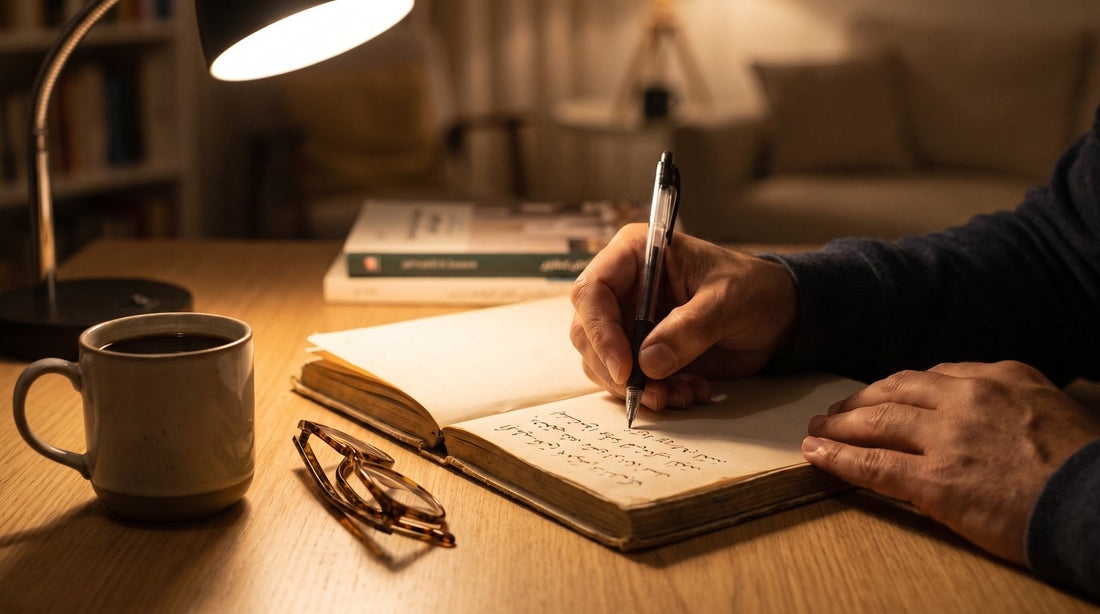 Adulte qui écrit des lettres arabes le soir, apprentissage à son rythme