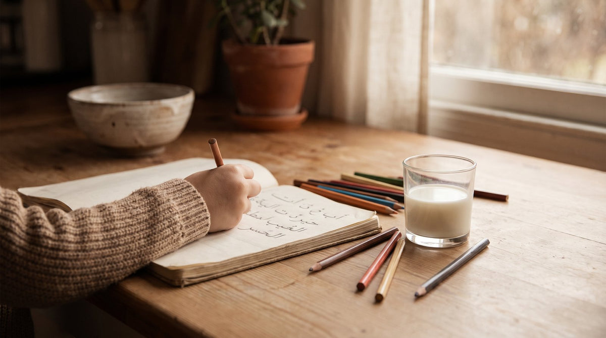 Enfant qui trace des lettres arabes à la maison, complément de l'école coranique