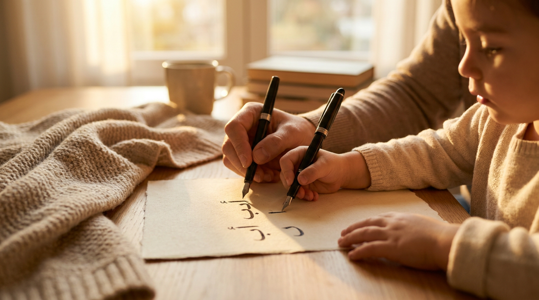 Parent et enfant traçant ensemble des lettres de calligraphie arabe, lumière chaude et chaleureuse